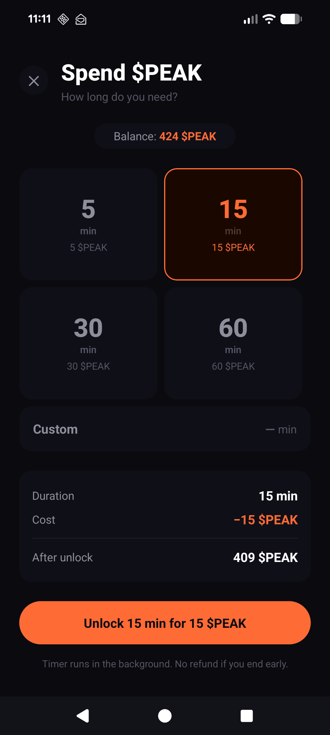 Spend $PEAK unlock modal with duration presets